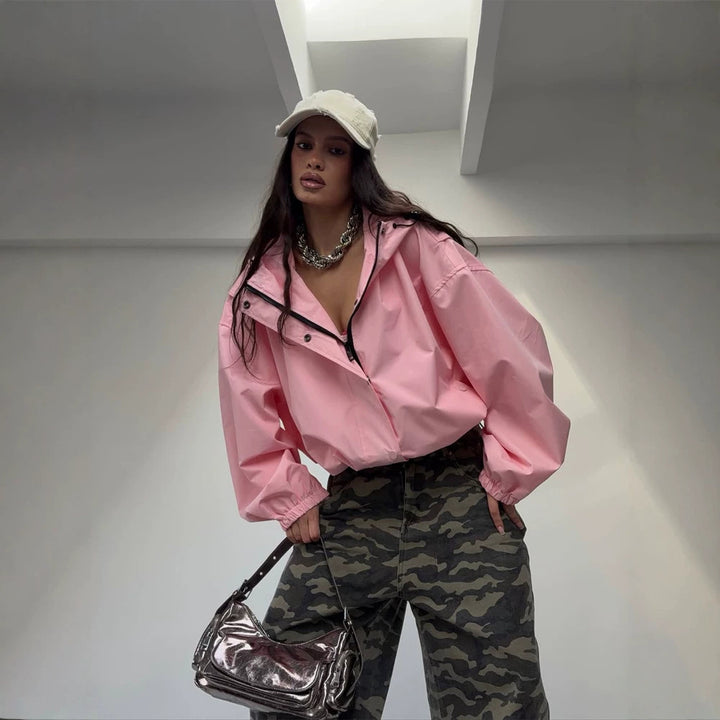 Damen Oversize Windbreaker Jacke mit Kapuze und kurzem Cropped‑Schnitt Drune