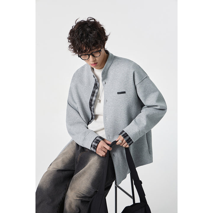 Unisex Oversize-Hemdjacke im Sweat-Overlay mit Stehkragen und karierter Innenmanschette Drune