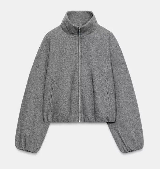 Damen Kurz geschnittene Bouclé‑Blousonjacke mit Stehkragen, elastischem Saum und Ballonärmeln Drune