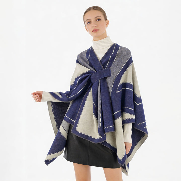 Damen Oversize-Cape aus Jacquard-Strick mit Bindeschlaufe Drune