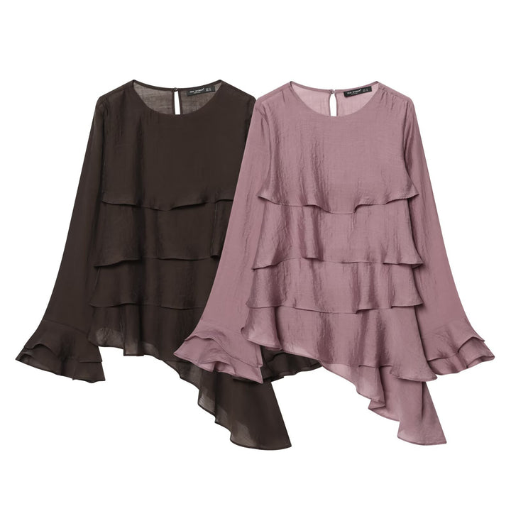 Damen Chiffon-Rüschenshirt mit mehrlagigem Volant und asymmetrischem Saum Drune