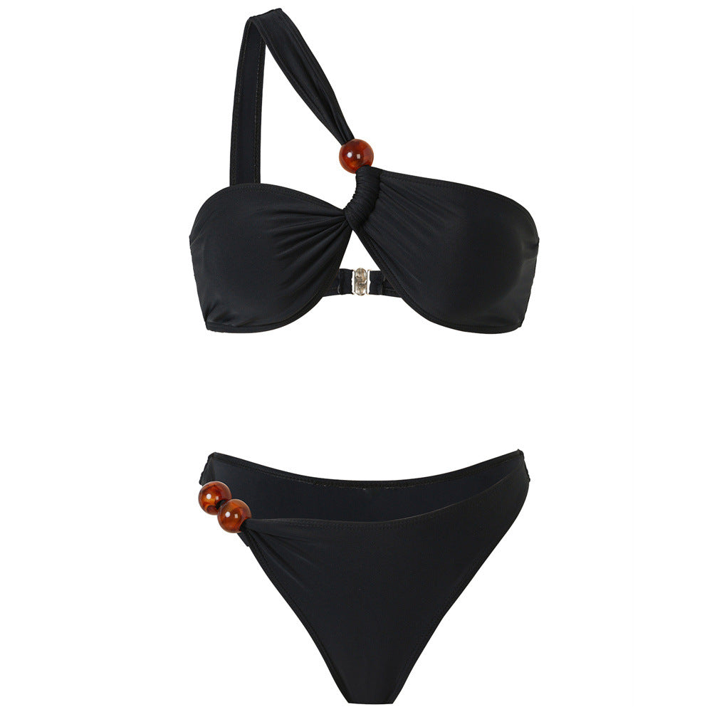 Damen Bikini-Set mit asymmetrischem Halter-Neck und dekorativen Hosenknöpfen Drune