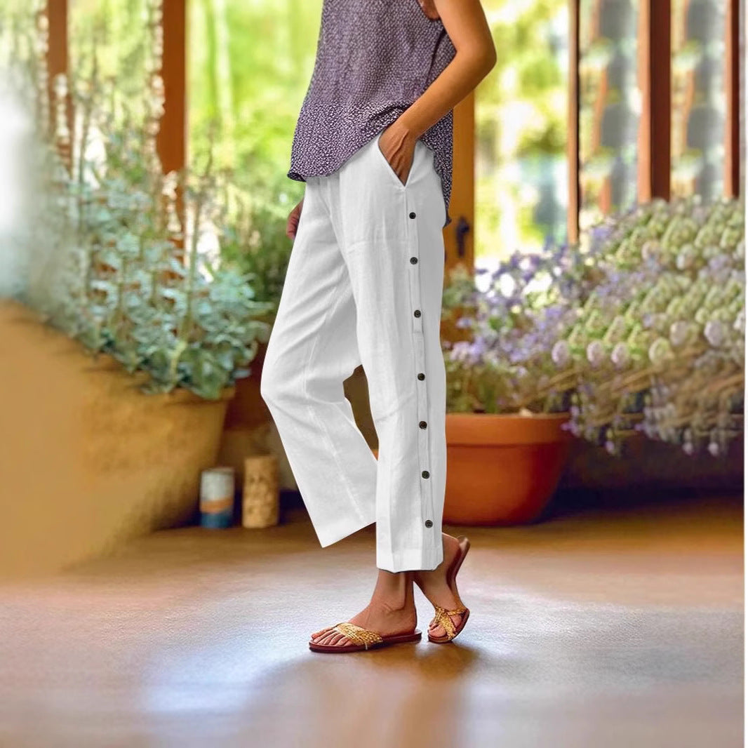 Damen Leichte Leinenmix-Hose mit seitlicher Knopfleiste und geradem Cropped-Schnitt Drune