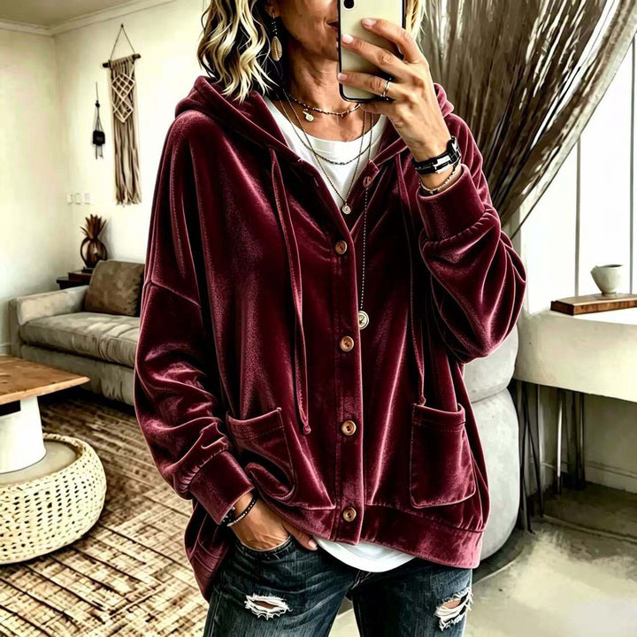 Damen Oversize Kapuzen-Samtjacke mit Knopfleiste und aufgesetzten Taschen Drune