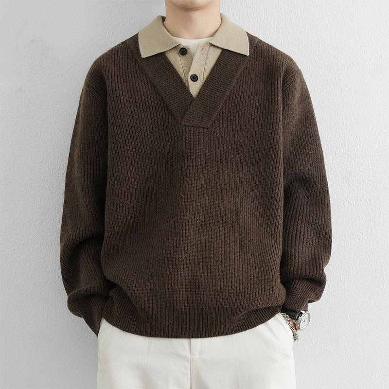 Herren Modischer V-Ausschnitt Pullover mit strukturierten Rippdetails Drune