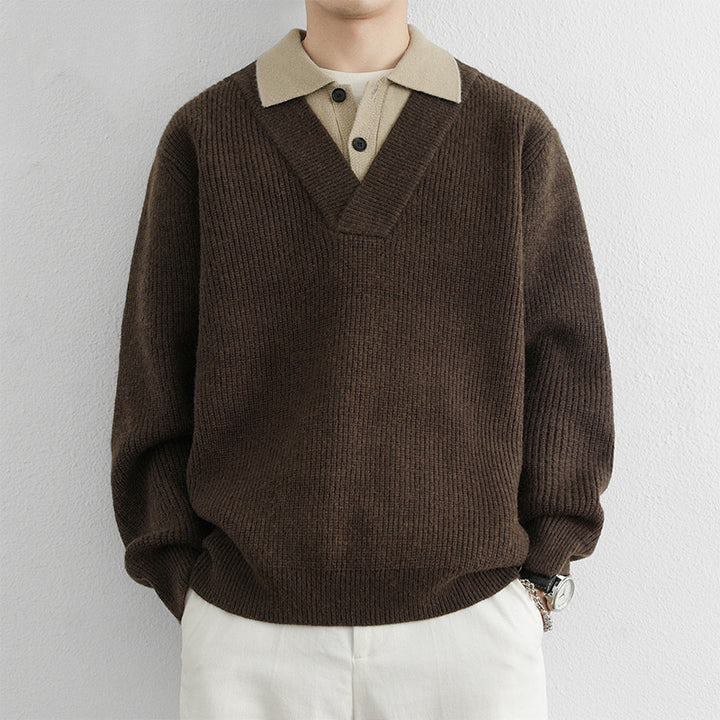 Herren Modischer V-Ausschnitt Pullover mit strukturierten Rippdetails Drune