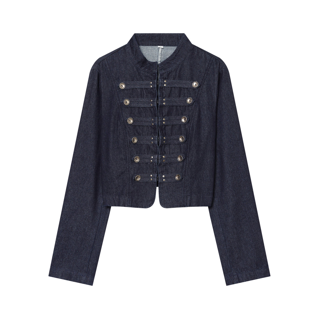 Damen Cropped Denim‑Militärjacke mit Stehkragen und dekorischer Zierknopfleiste Drune