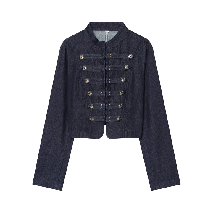 Damen Cropped Denim‑Militärjacke mit Stehkragen und dekorischer Zierknopfleiste Drune