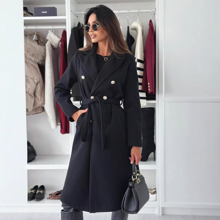 Damen Doppelt genähter Trenchcoat mit taillierbarem Gürtel und eleganter Struktur Drune