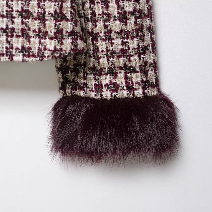 Damen Bouclé-Tweed Jacke mit Stehkragen und Kunstpelzmanschetten Drune