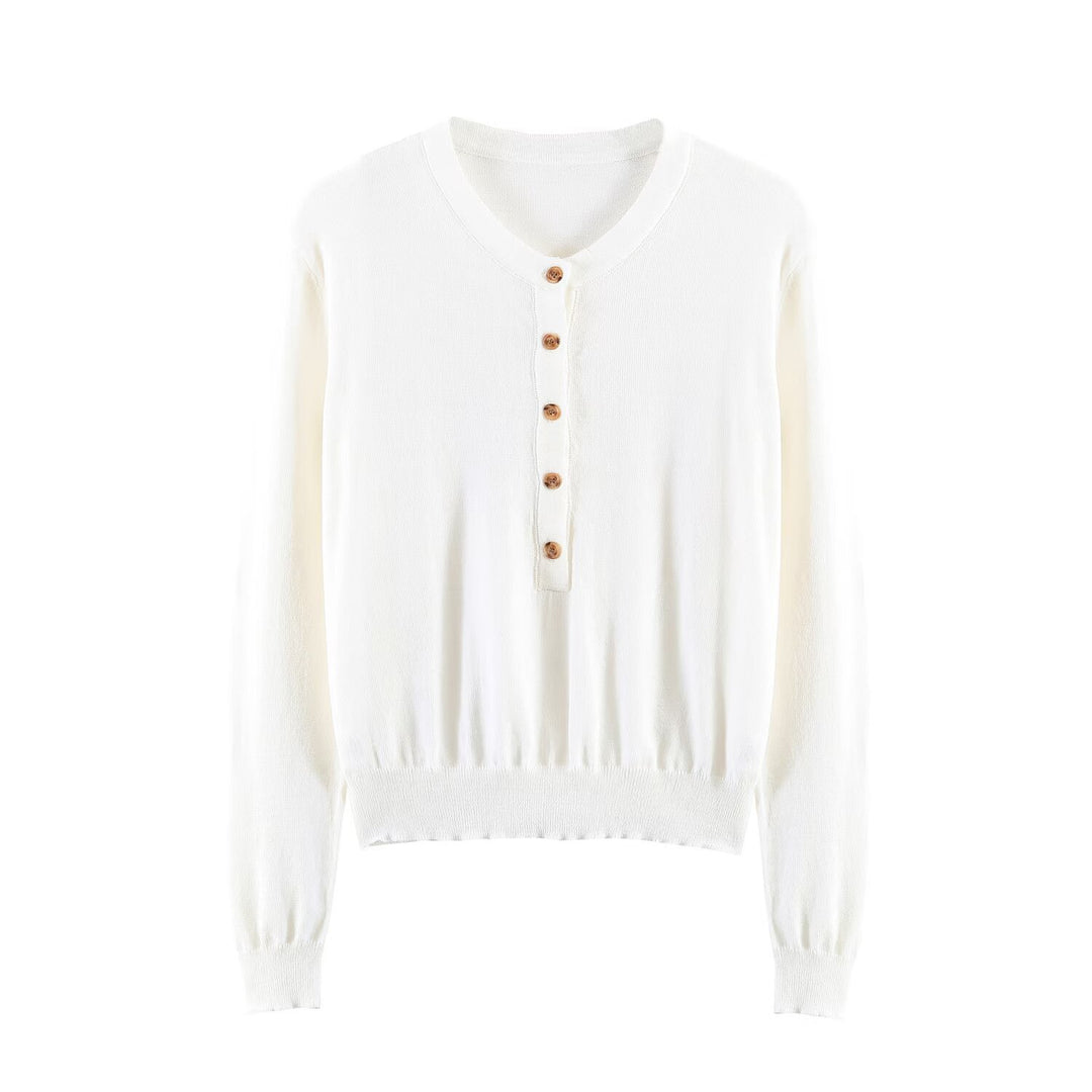 Damen Feiner Strickpullover mit Henley-Knopfleiste, V-Ausschnitt und gerafftem Bund Drune