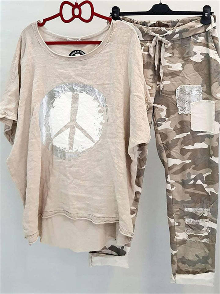 Damen nan lässiges Freizeit-Zweiteiler mit weit geschnittenem Leinenoptik-Shirt, Peace-Symbol und Camouflage-Jogpant mit Patchdetails Drune