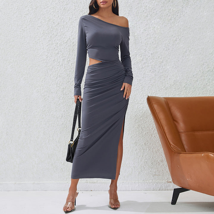 Damen eng anliegendes Maxikleid mit langem Arm seitlichem Cut-Out geraffter Hüfte und hohem Beinschlitz Drune