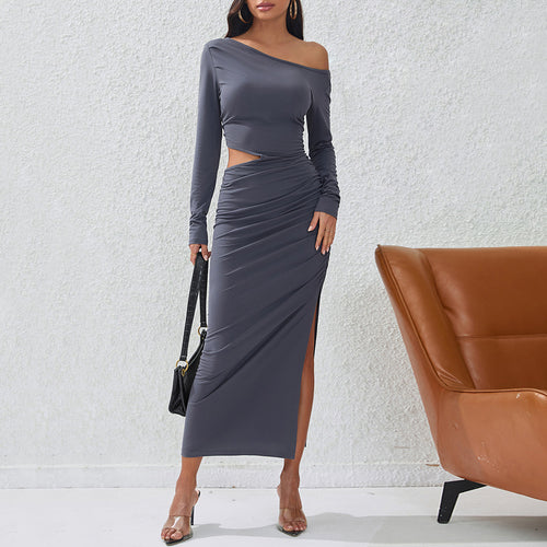 Damen eng anliegendes Maxikleid mit langem Arm seitlichem Cut-Out geraffter Hüfte und hohem Beinschlitz Drune