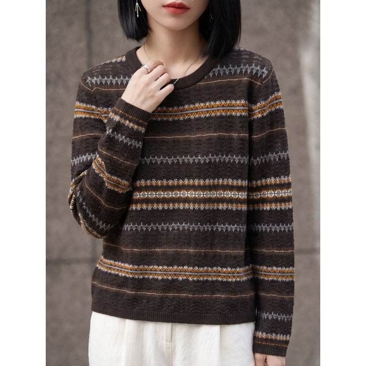 Damen Leichter Rundhals-Pullover im Norwegerstreifen-Design mit strukturierter Ajouroptik Drune