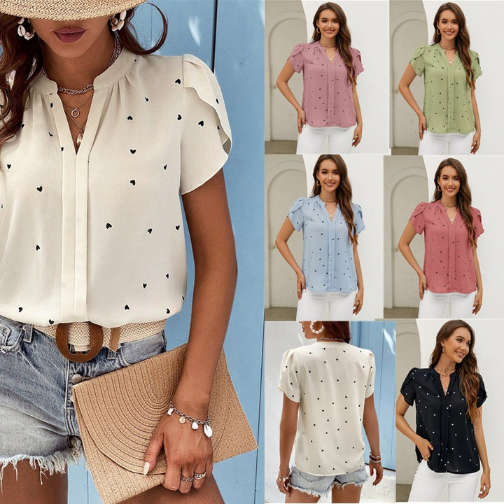 Damen Leichte Chiffonbluse mit V-Ausschnitt, Herzchenprint und gerafften Kurzärmeln Drune