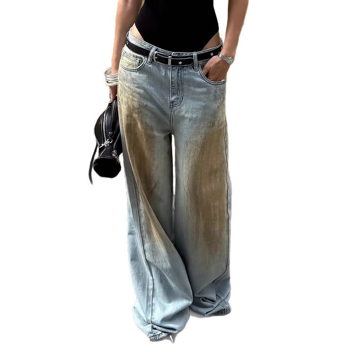 Damen Extraweite Jeanshose mit tiefem Bund, weitem Schlag und Used-Waschung Drune