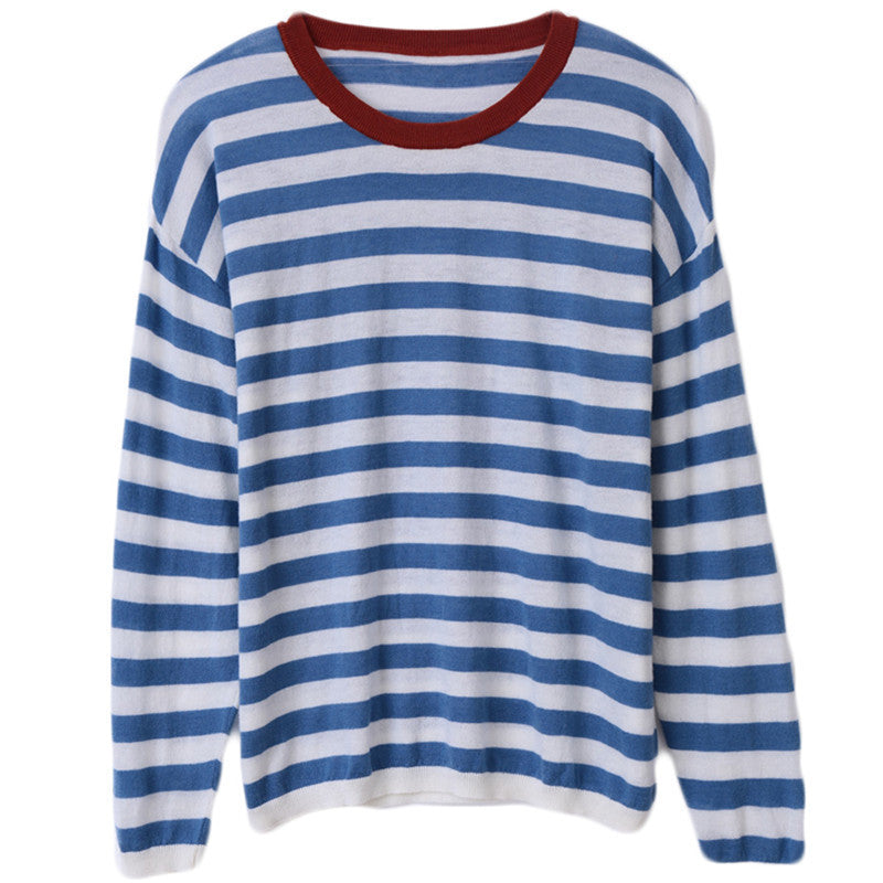 Damen Maritim-inspiriertes gestreiftes Feinstrick-Shirt mit weitem Boot-Ausschnitt und Kontrastkante Drune