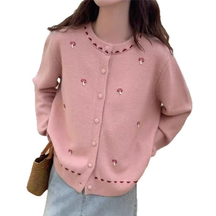 Damen Strickjacke mit floralem Stickdesign und Rundhalsausschnitt Drune