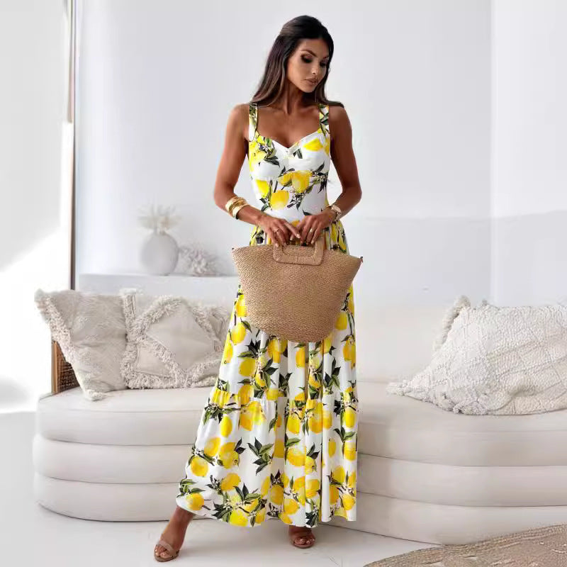 Damen Zitronenprint Hoch-Split Maxi-Kleid Drune