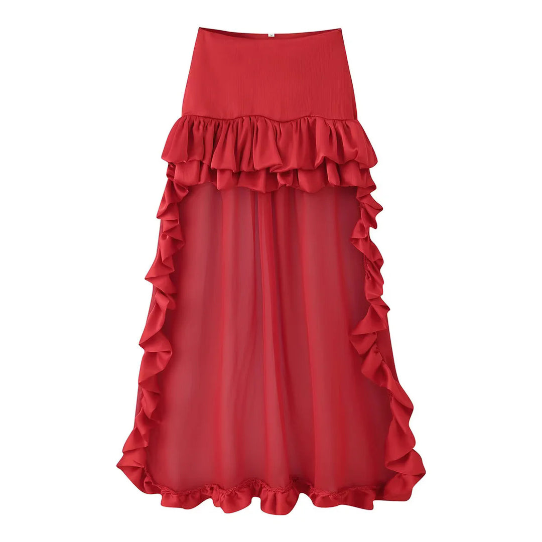 Damen nan Maxirock mit hoher Taille, mehrlagigen Volants und transparentem Tüll-Overlay Drune