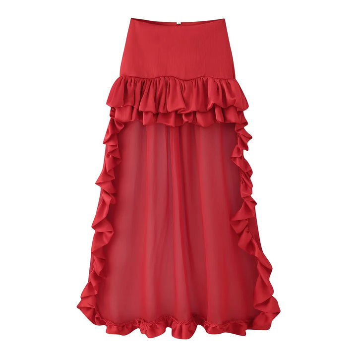 Damen nan Maxirock mit hoher Taille, mehrlagigen Volants und transparentem Tüll-Overlay Drune