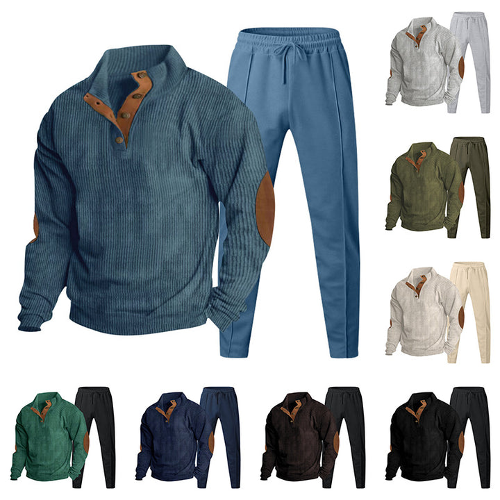 Herren Strukturiertes Henley-Loungewear-Set mit Ellenbogen-Patches & tapered Jogginghose Drune