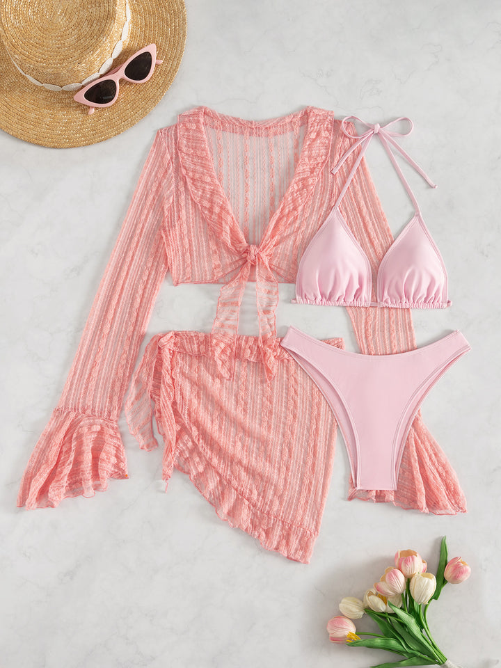 Damen Bikini-Set mit transparentem Oberteil, hohem Taillenslip und luftigem Rock Drune