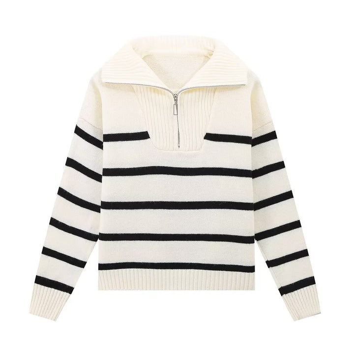 Damen Gestreifter Strickpullover mit hohem Rollkragen und halbem Reißverschluss Drune