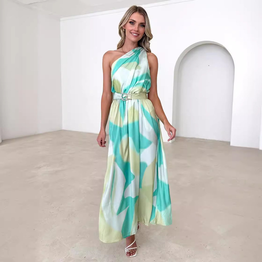 Damen Abendkleid mit asymmetrischem Trägerdesign und elegantem Taillengürtel Drune