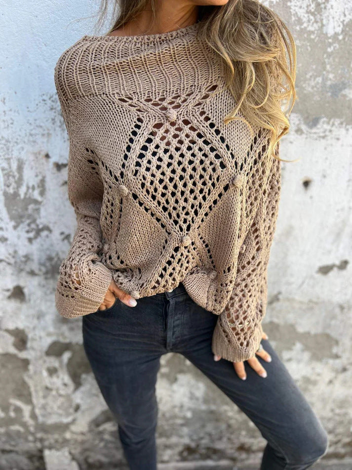 Damen luftiges Strickoberteil mit Häkelmuster Drune