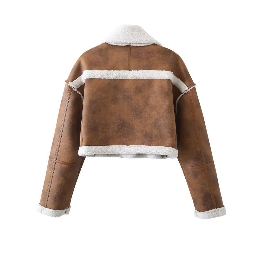 Damen cropped Kunstlederjacke mit kuscheligem Teddyfutter und praktischen Taschen Drune