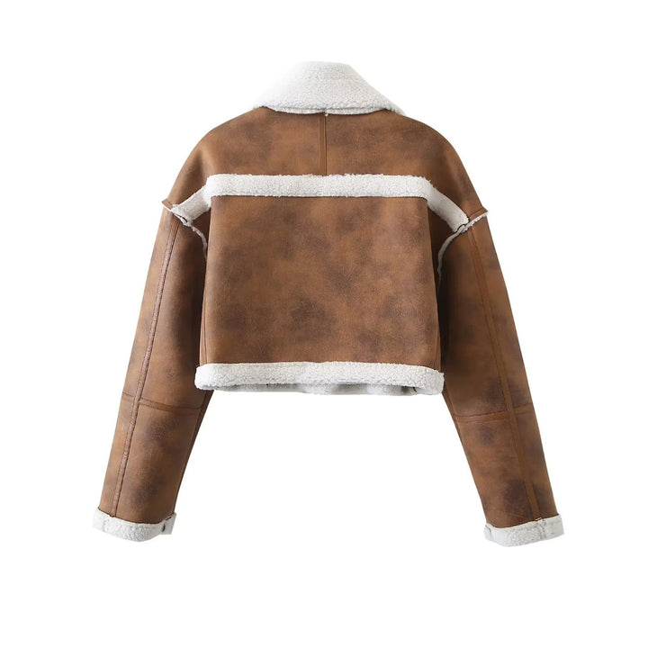 Damen cropped Kunstlederjacke mit kuscheligem Teddyfutter und praktischen Taschen Drune