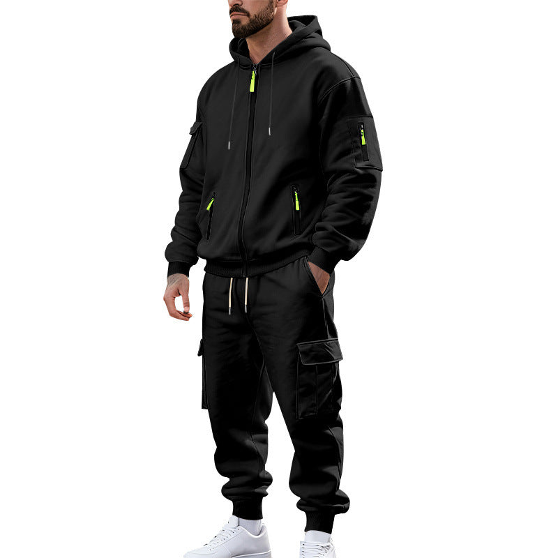 Herren nan urbanes Funktions-Cargo-Sweatset mit Kapuzenjacke, Reißverschlusstaschen und konisch zulaufender Cargo-Jogger Drune