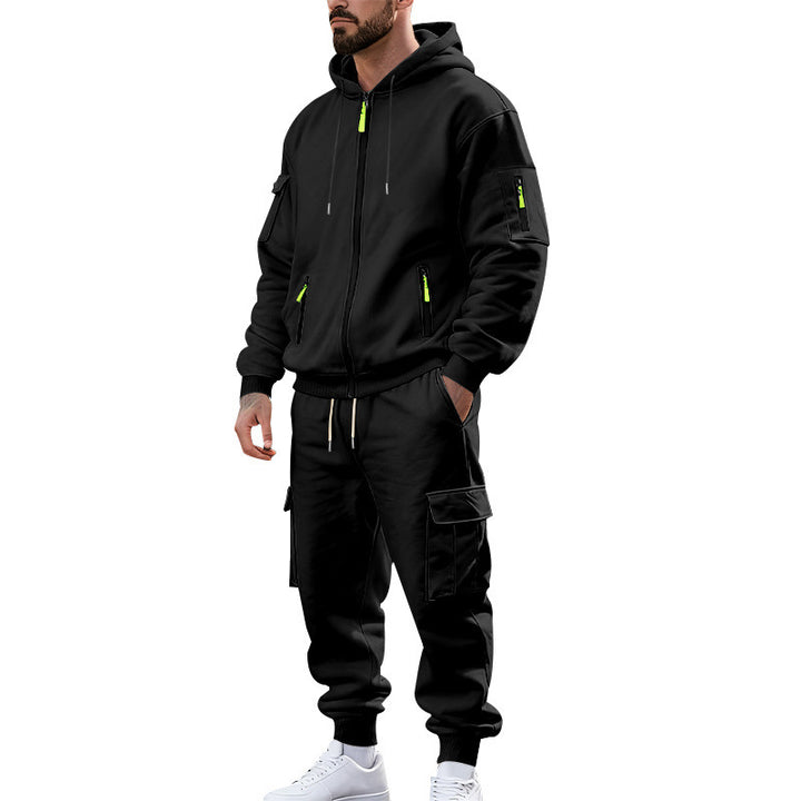 Herren nan urbanes Funktions-Cargo-Sweatset mit Kapuzenjacke, Reißverschlusstaschen und konisch zulaufender Cargo-Jogger Drune