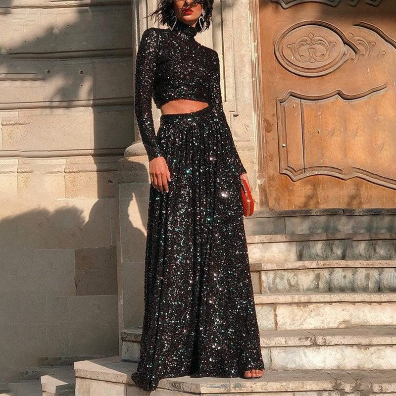 Damen nan zweiteiliges Pailletten-Abendset mit hochgeschlossenem Crop-Top und fließendem Maxirock Drune