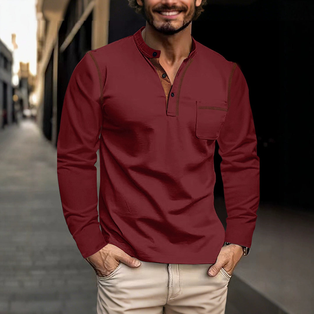 Herren nan legeres Langarm-Henleyshirt mit Stehkragen Knopfleiste und Brusttasche Drune