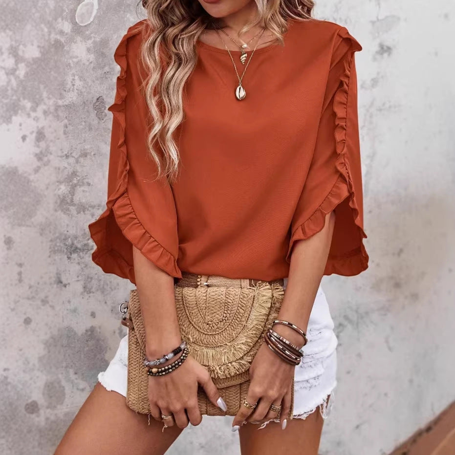 Damen Leichtes Rüschen‑Cape‑Top mit weitem Fledermausärmel Drune