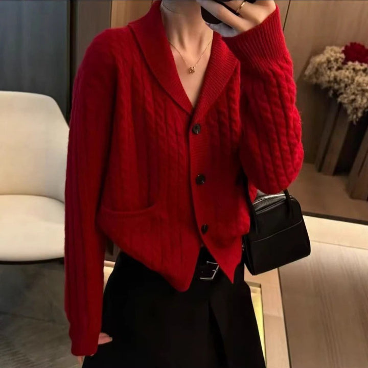 Damen Strickjacke mit doppeltem Kragen und praktischen Taschen Drune