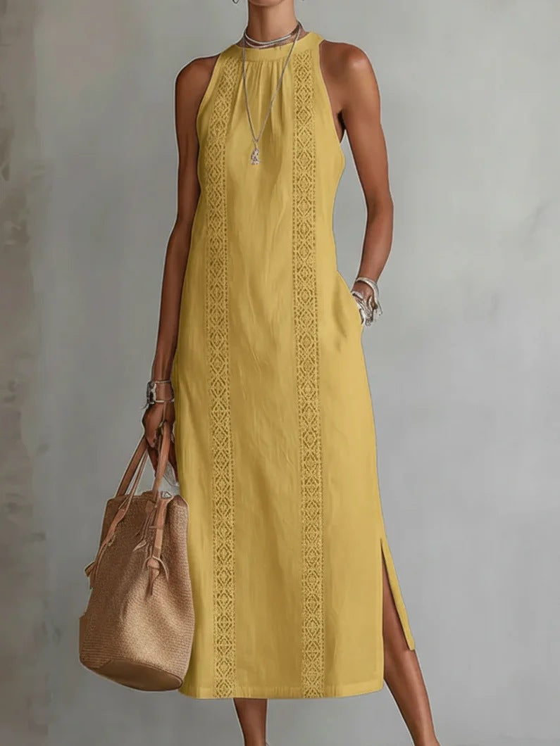 Damen Elegantes Sommer-Maxi-Kleid mit Spitzenapplikation und seitlichem Schlitz Drune