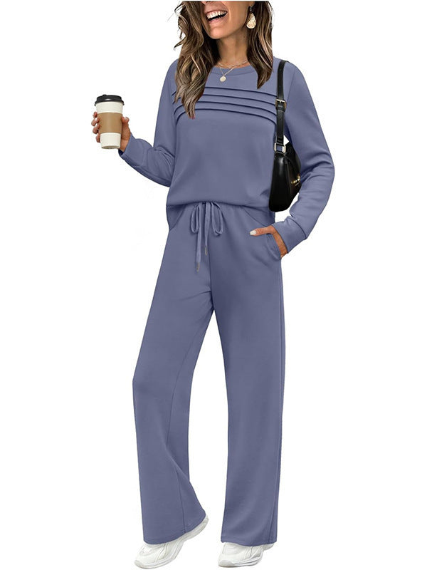 Damen Zweiteiliges Lounge-Set mit Plissee-Detail, Rundhals-Sweatshirt und weitem Kordel-Hose Drune