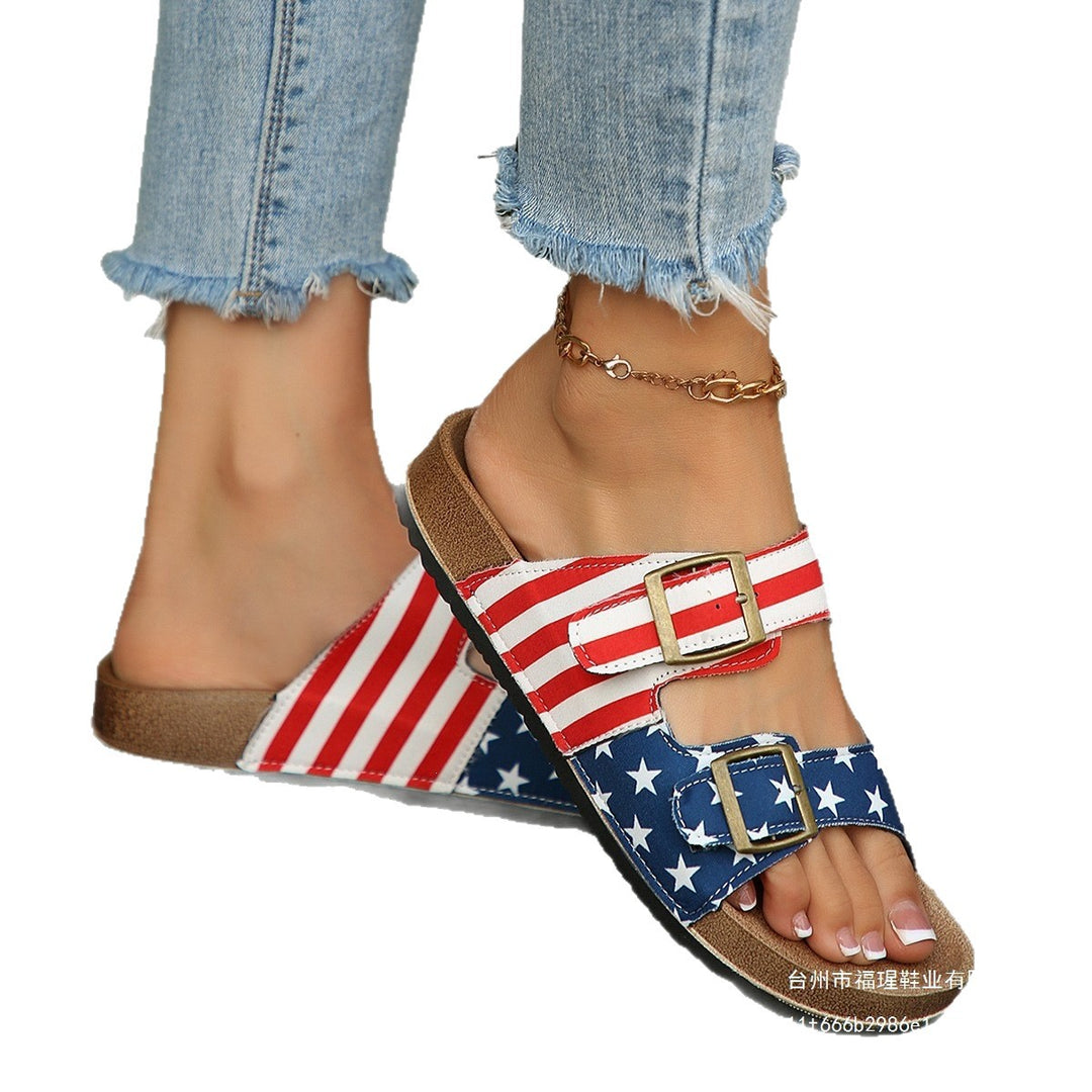 Damen Lässige Kork‑Fußbett Sandalen mit verstellbaren Doppelriemen und Sternstreifenmuster Drune