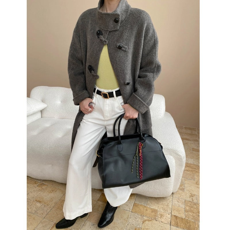 Damen eleganter Wollmantel mit asymmetrischem Kragen und vintage Knopfdetails Drune