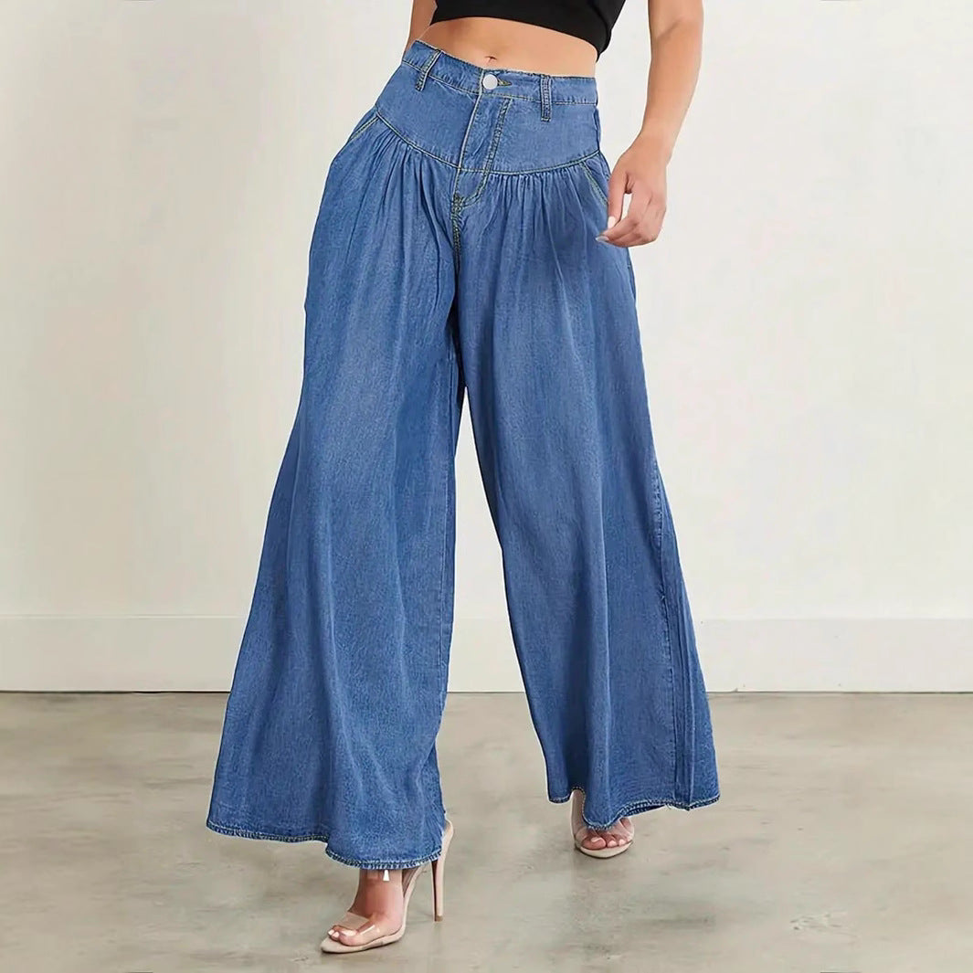 Damen Hochtaillierte Denim-Palazzohose mit geraffter Kellerfalte und extra weitem Bein Drune