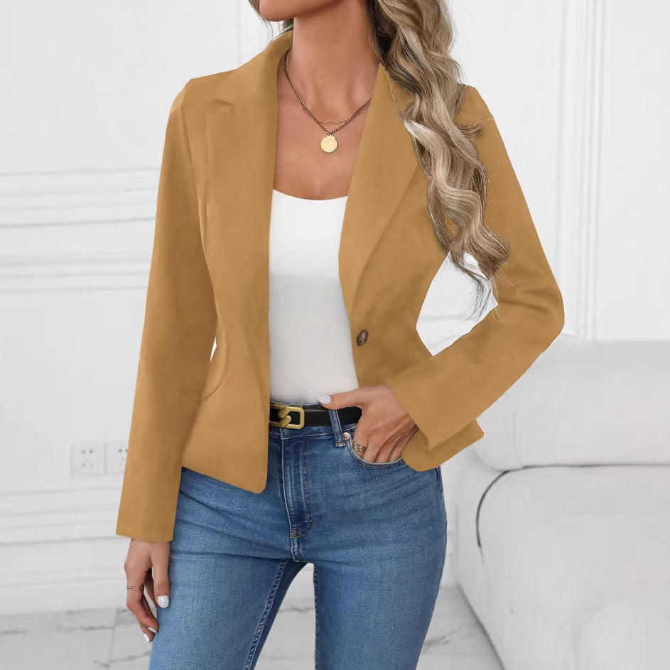 Damen nan taillierter Ein-Knopf-Blazer mit Reverskragen und Eingrifftaschen Drune