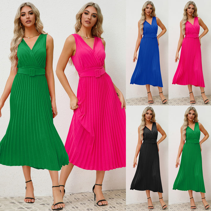 Damen Plissee Maxikleid mit taillierbarem Gürtel und elegantem V-Ausschnitt Drune