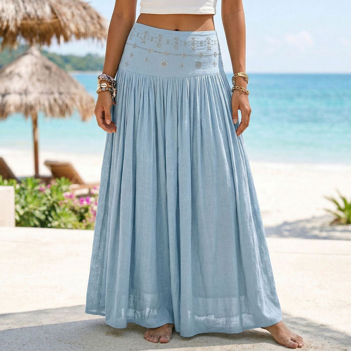 Damen nan maxi-Volantrock mit besticktem Bund und feinen Falten Drune