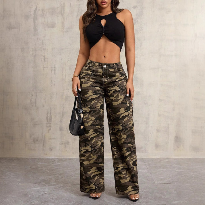 Damen Cargo-Hose im lässigen Camouflage-Design mit seitlichen Taschen und weitem Bein Drune