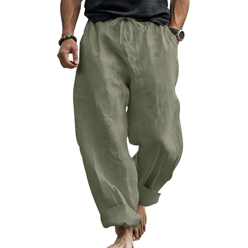 Herren Locker geschnittene Leinen-Loungehose mit Kordelzug, Umschlagsaum und Taschen Drune