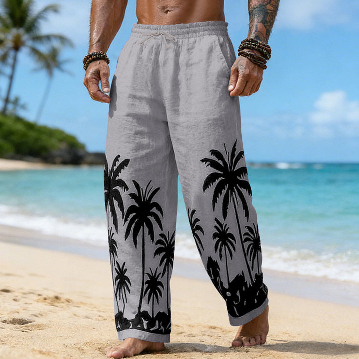 Herren Lässige weite Leinenhose mit elastischem Bund und tonalem Palmenprint Drune